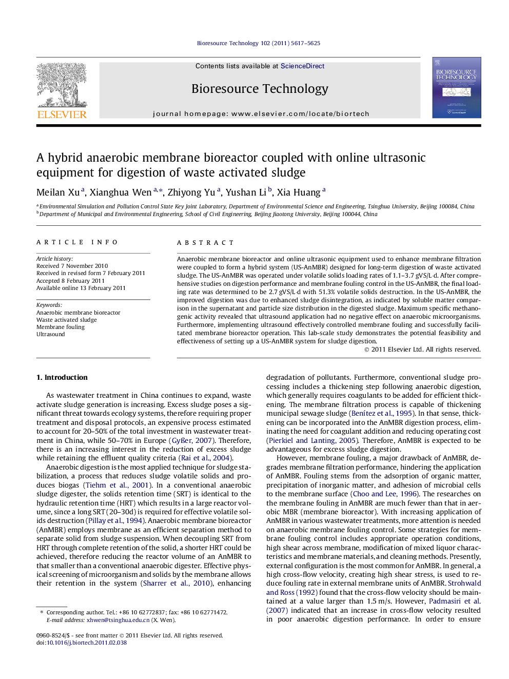 A hybrid anaerobic membrane bioreactor coupled with online ultrasonic equipment for digestion of waste activated sludge