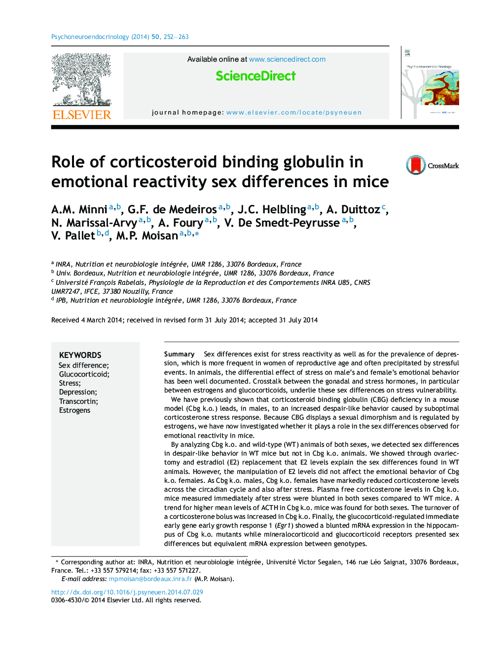 Role of corticosteroid binding globulin in emotional reactivity sex differences in mice