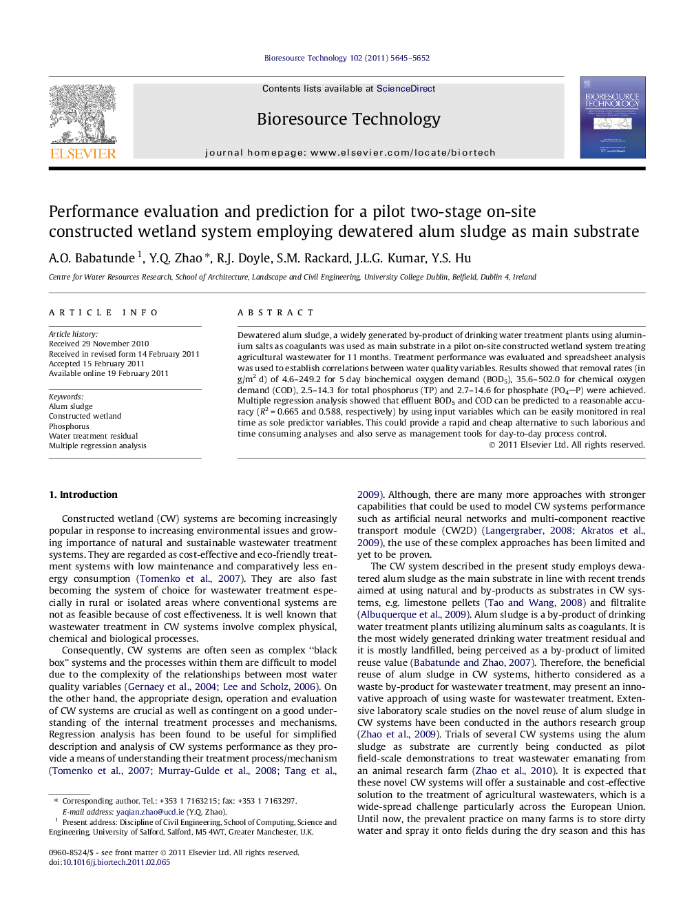 Performance evaluation and prediction for a pilot two-stage on-site constructed wetland system employing dewatered alum sludge as main substrate