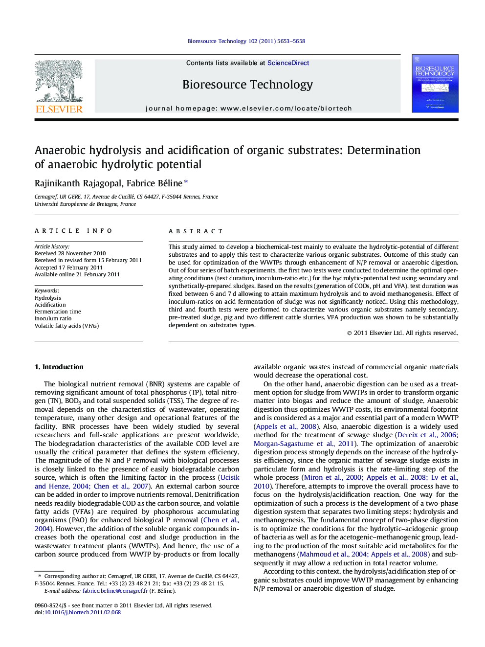 Anaerobic hydrolysis and acidification of organic substrates: Determination of anaerobic hydrolytic potential