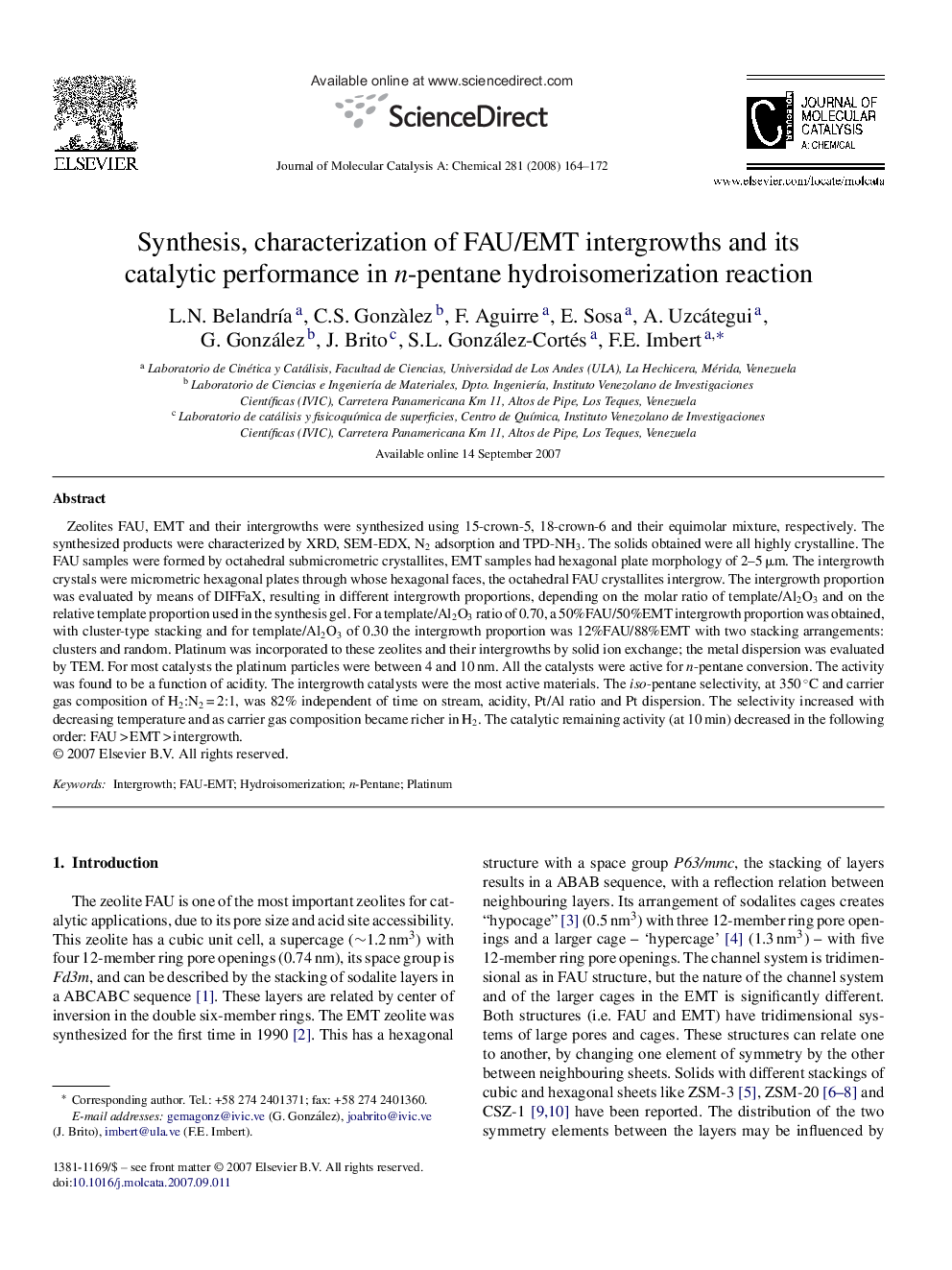 Synthesis, characterization of FAU/EMT intergrowths and its catalytic performance in n-pentane hydroisomerization reaction