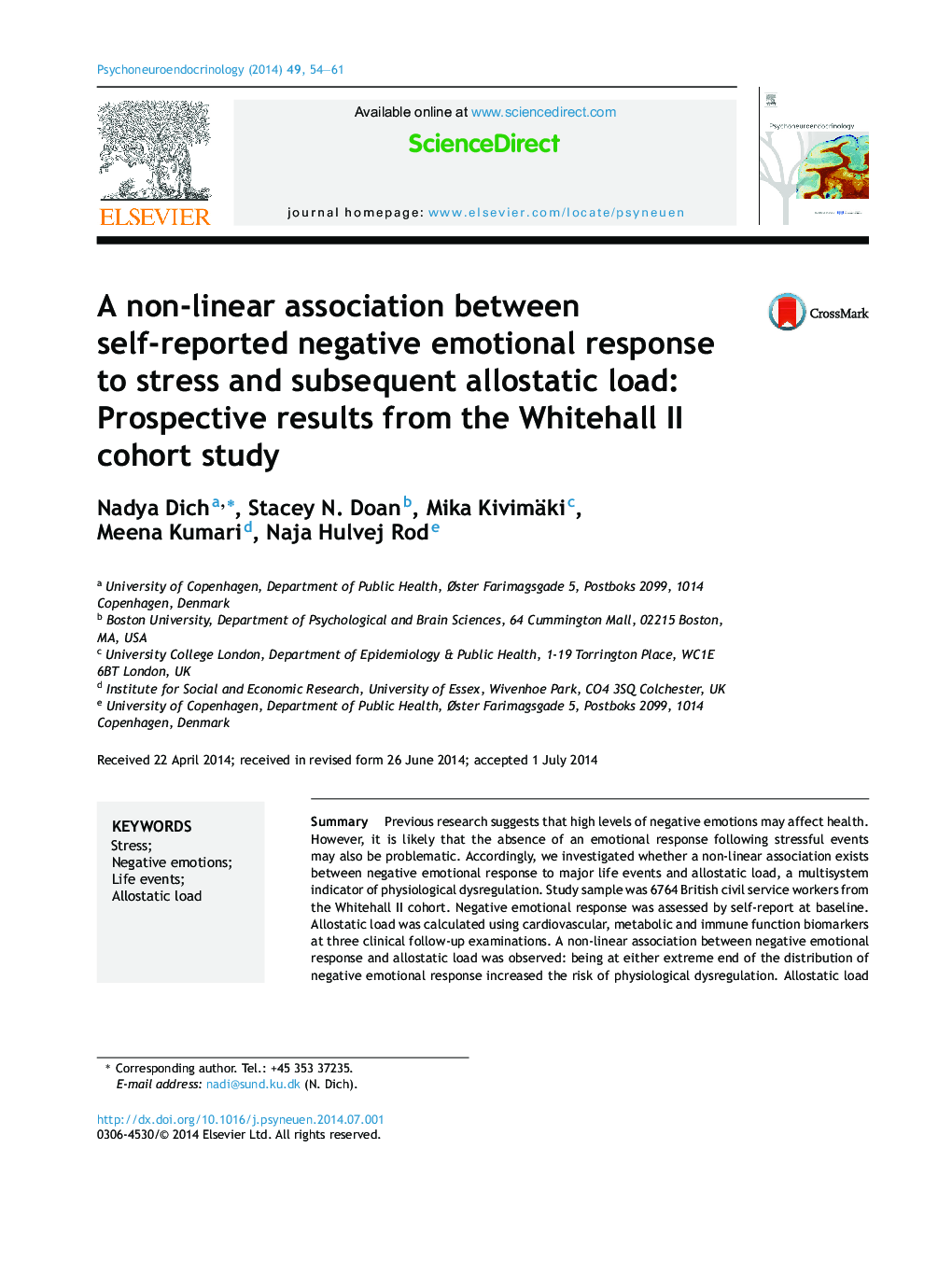 A non-linear association between self-reported negative emotional response to stress and subsequent allostatic load: Prospective results from the Whitehall II cohort study