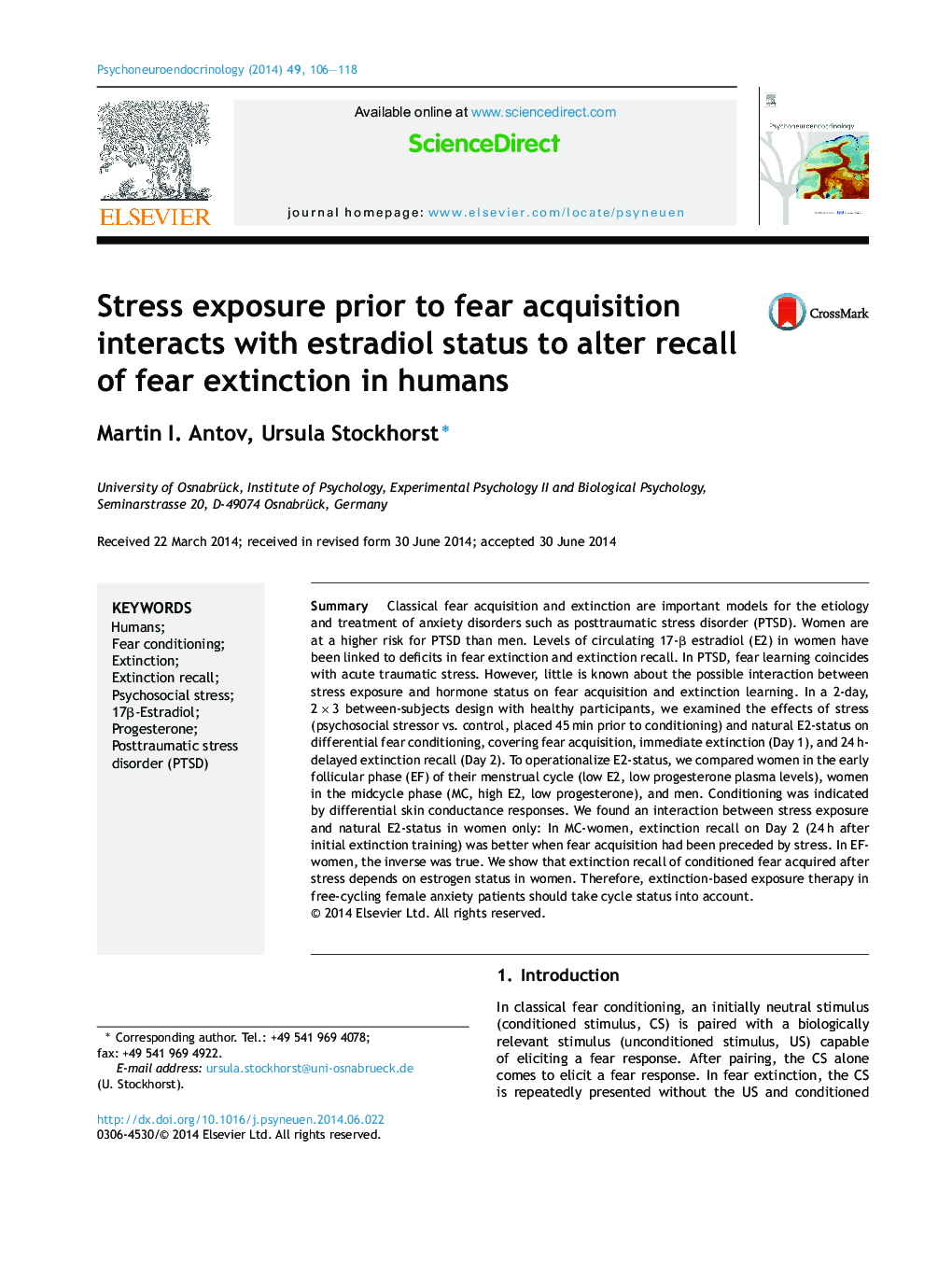 Stress exposure prior to fear acquisition interacts with estradiol status to alter recall of fear extinction in humans