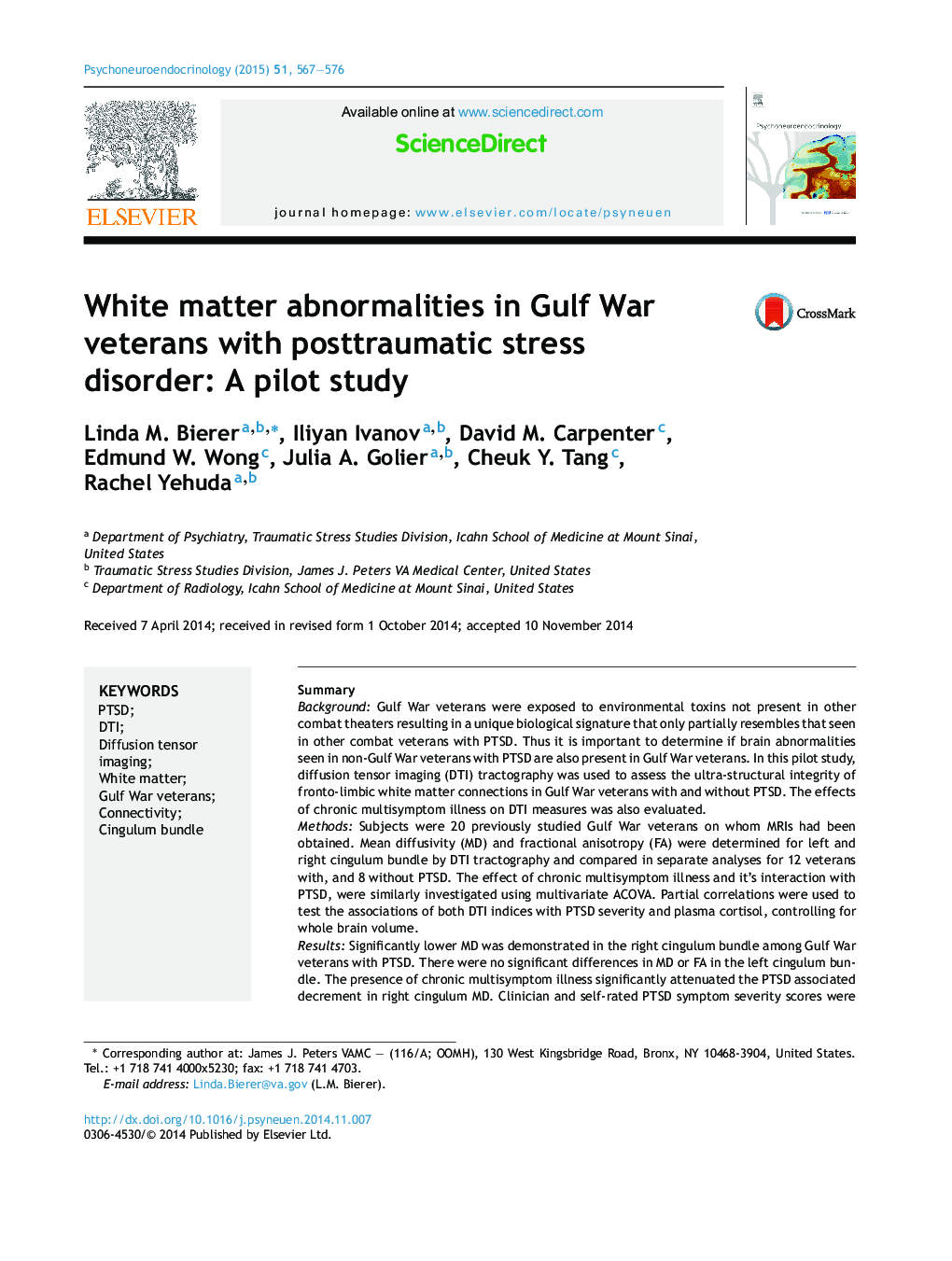 ناهنجاری های ماده سفید در جانبازان جنگ خلیج فارس با اختلال استرس پس از سانحه: یک مطالعه آزمایشی 