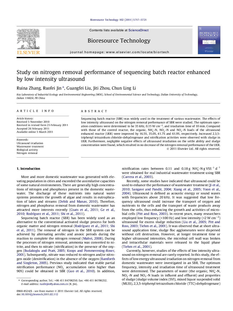 Study on nitrogen removal performance of sequencing batch reactor enhanced by low intensity ultrasound