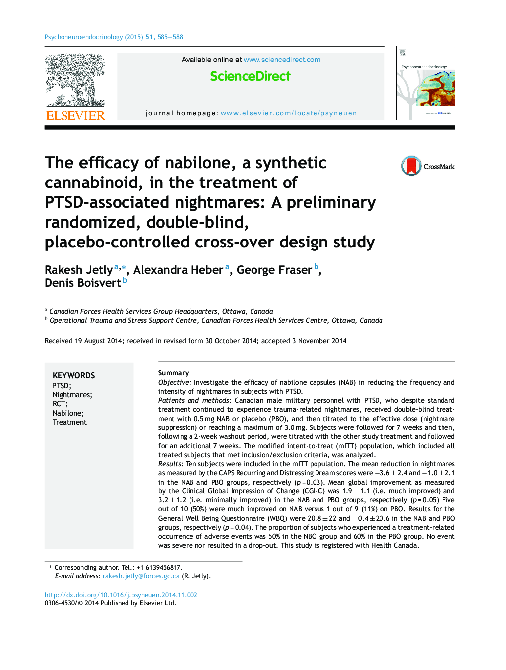 The efficacy of nabilone, a synthetic cannabinoid, in the treatment of PTSD-associated nightmares: A preliminary randomized, double-blind, placebo-controlled cross-over design study
