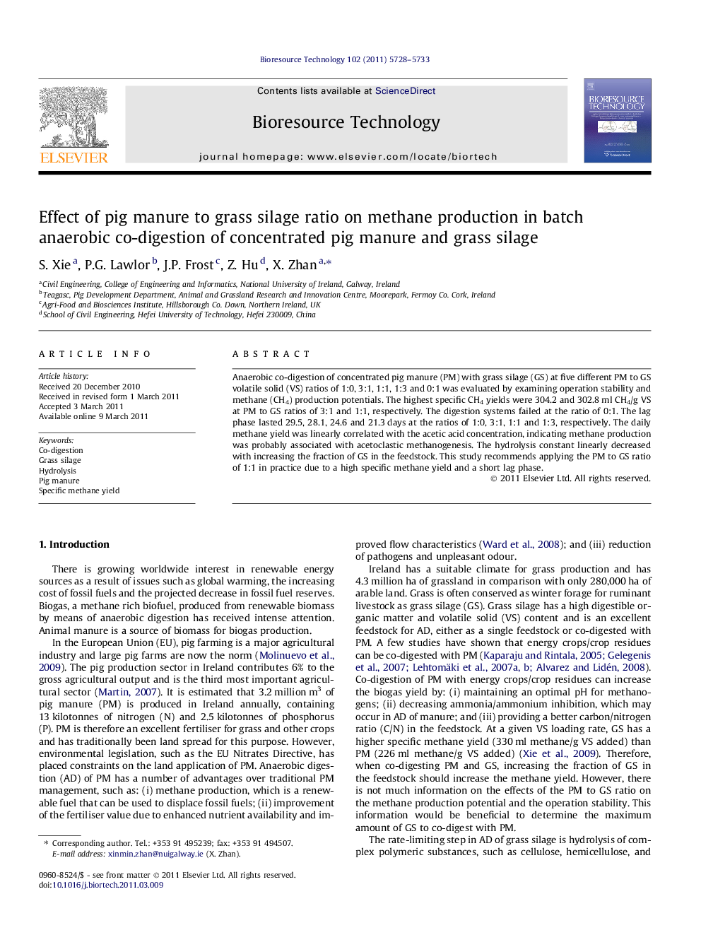 Effect of pig manure to grass silage ratio on methane production in batch anaerobic co-digestion of concentrated pig manure and grass silage