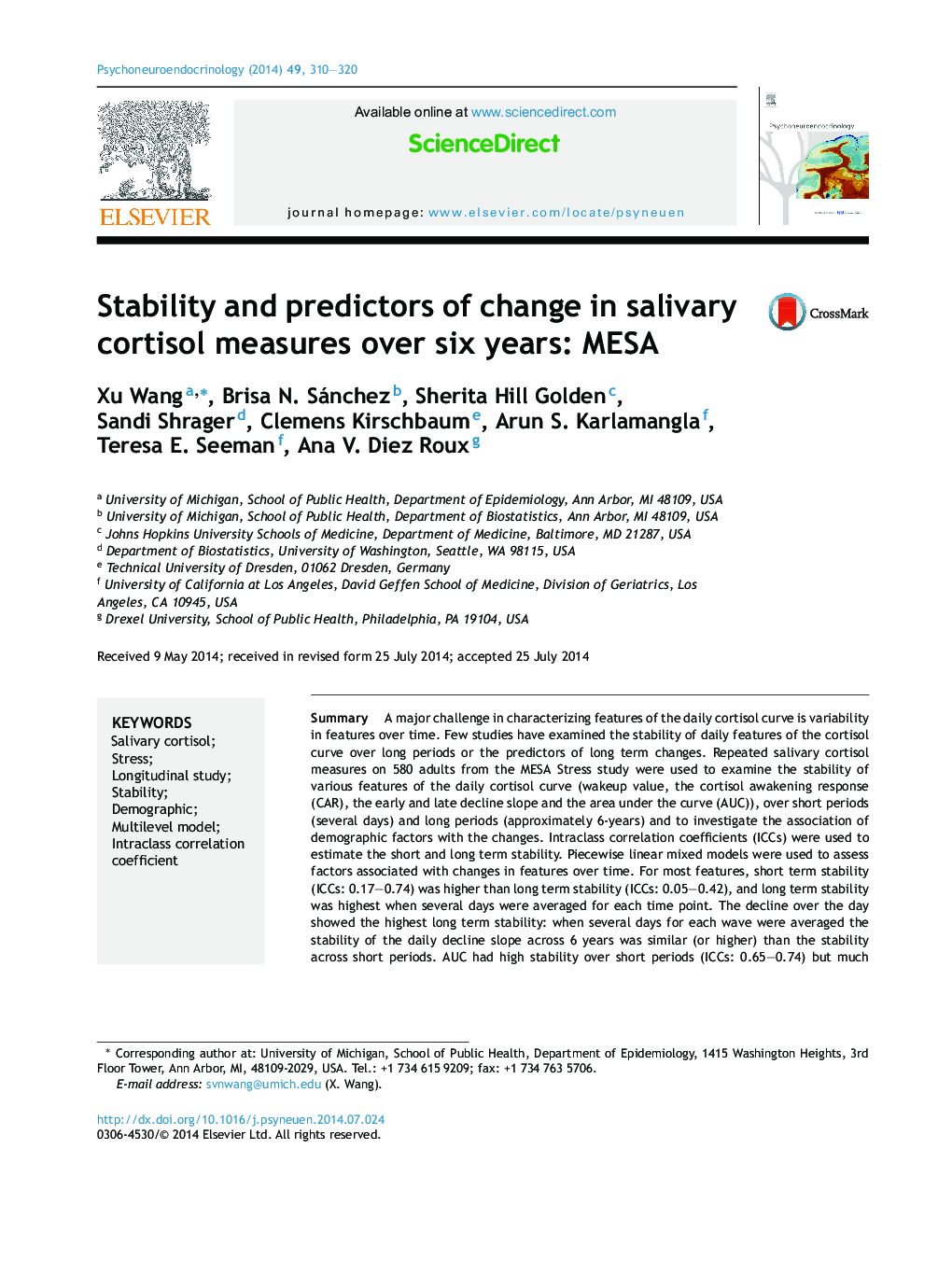 Stability and predictors of change in salivary cortisol measures over six years: MESA