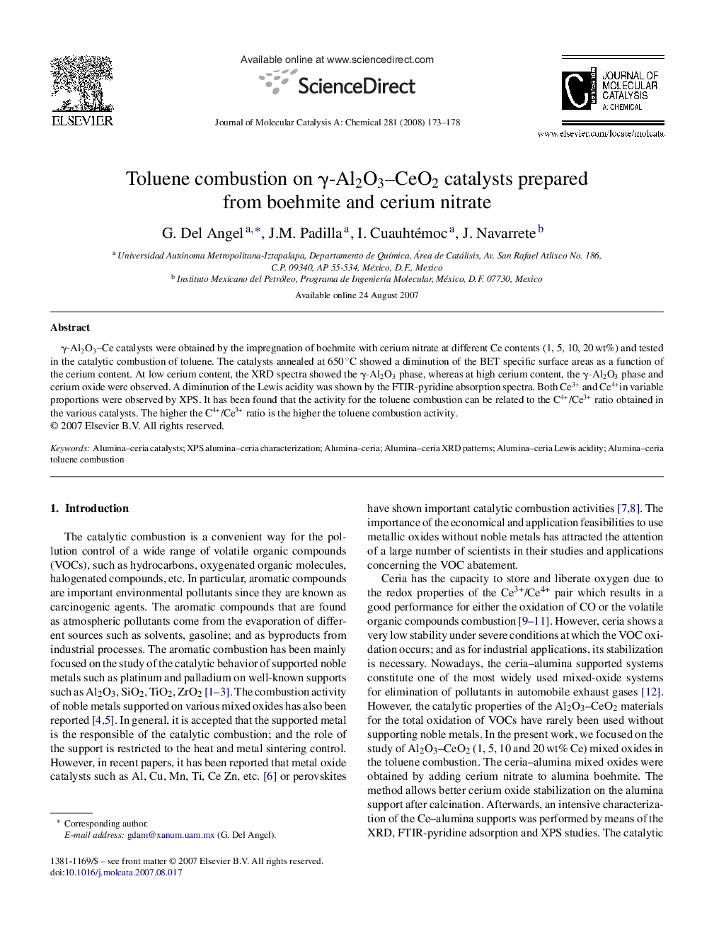 Toluene combustion on γ-Al2O3–CeO2 catalysts prepared from boehmite and cerium nitrate