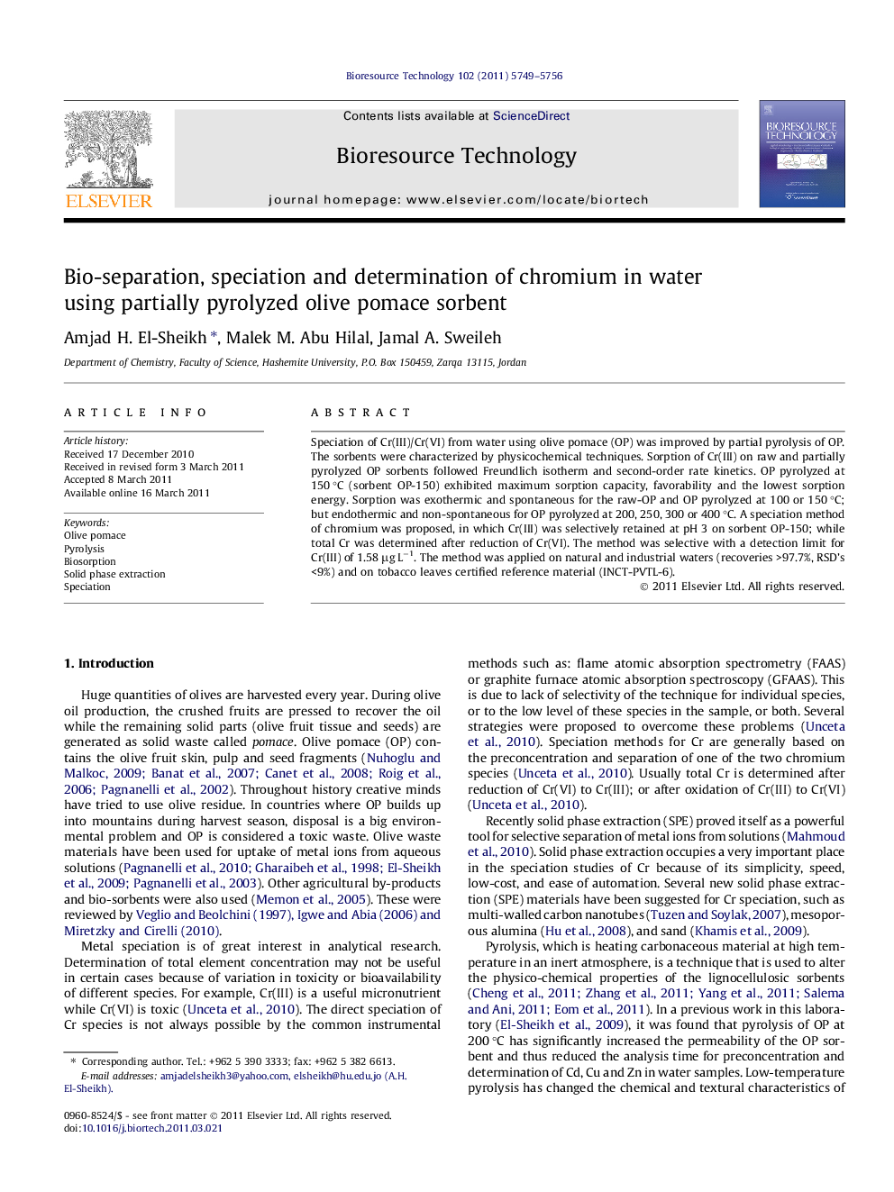 Bio-separation, speciation and determination of chromium in water using partially pyrolyzed olive pomace sorbent