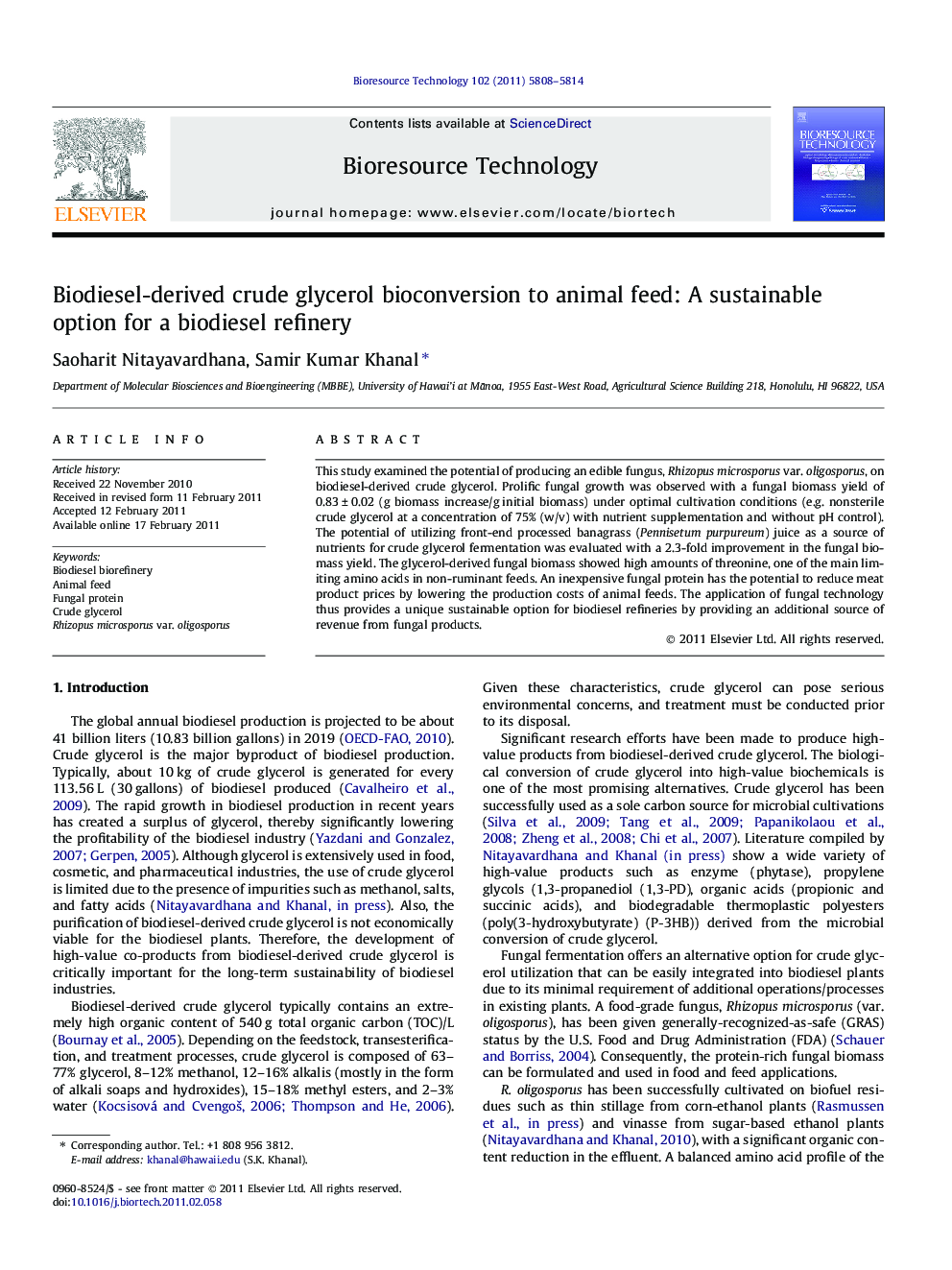 Biodiesel-derived crude glycerol bioconversion to animal feed: A sustainable option for a biodiesel refinery