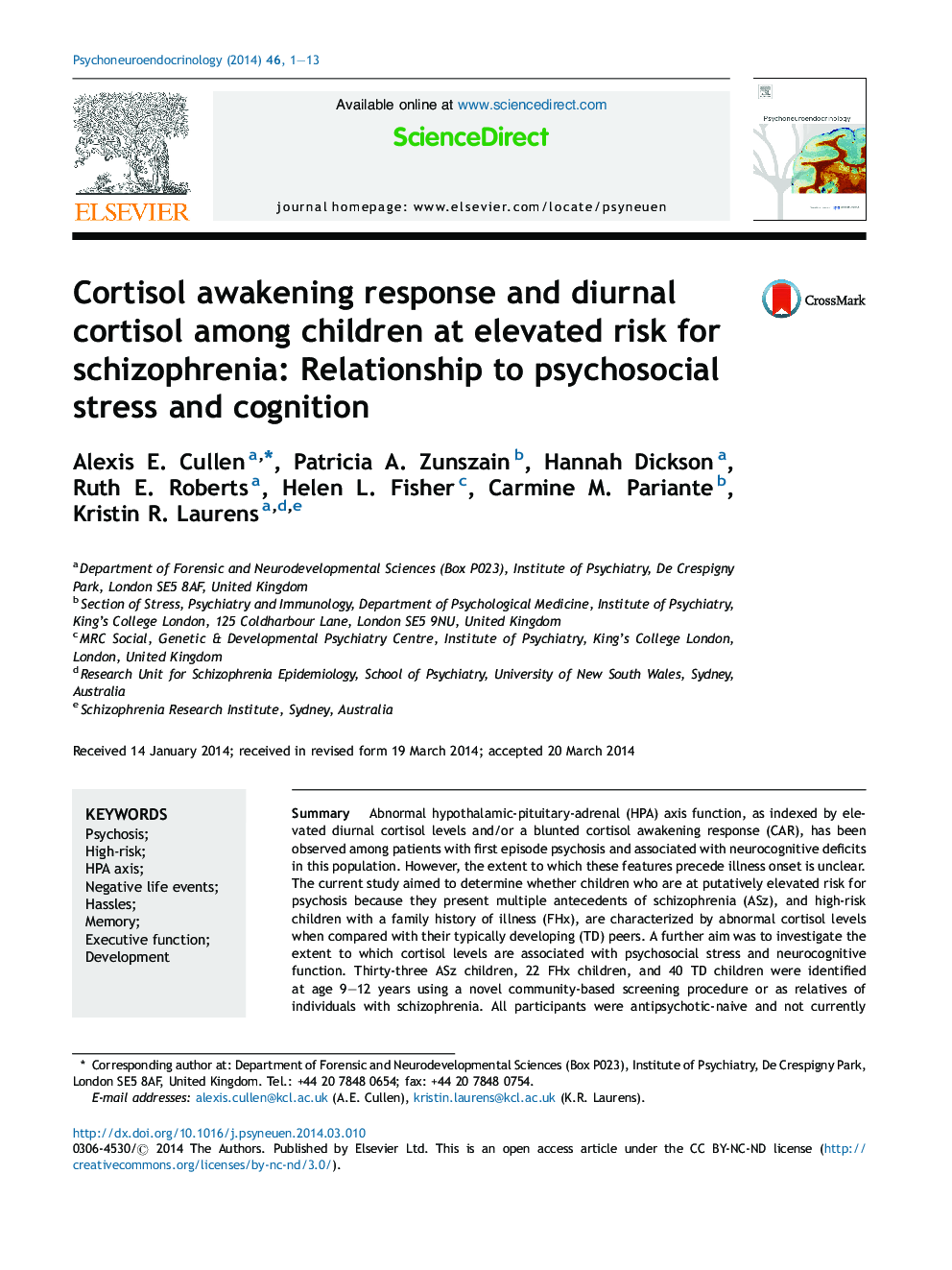 Cortisol awakening response and diurnal cortisol among children at elevated risk for schizophrenia: Relationship to psychosocial stress and cognition