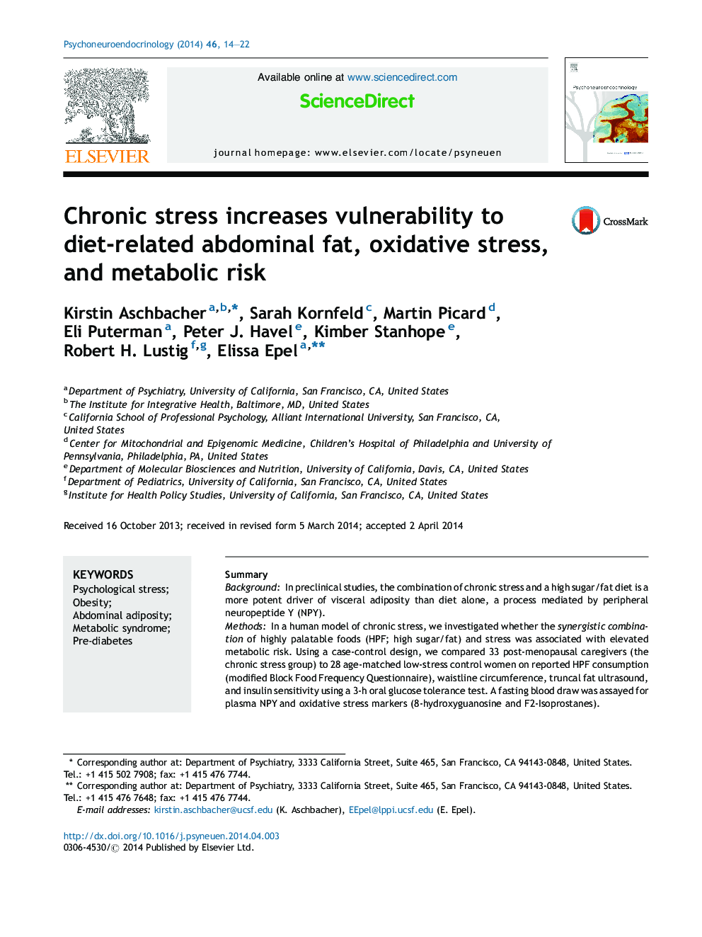 Chronic stress increases vulnerability to diet-related abdominal fat, oxidative stress, and metabolic risk