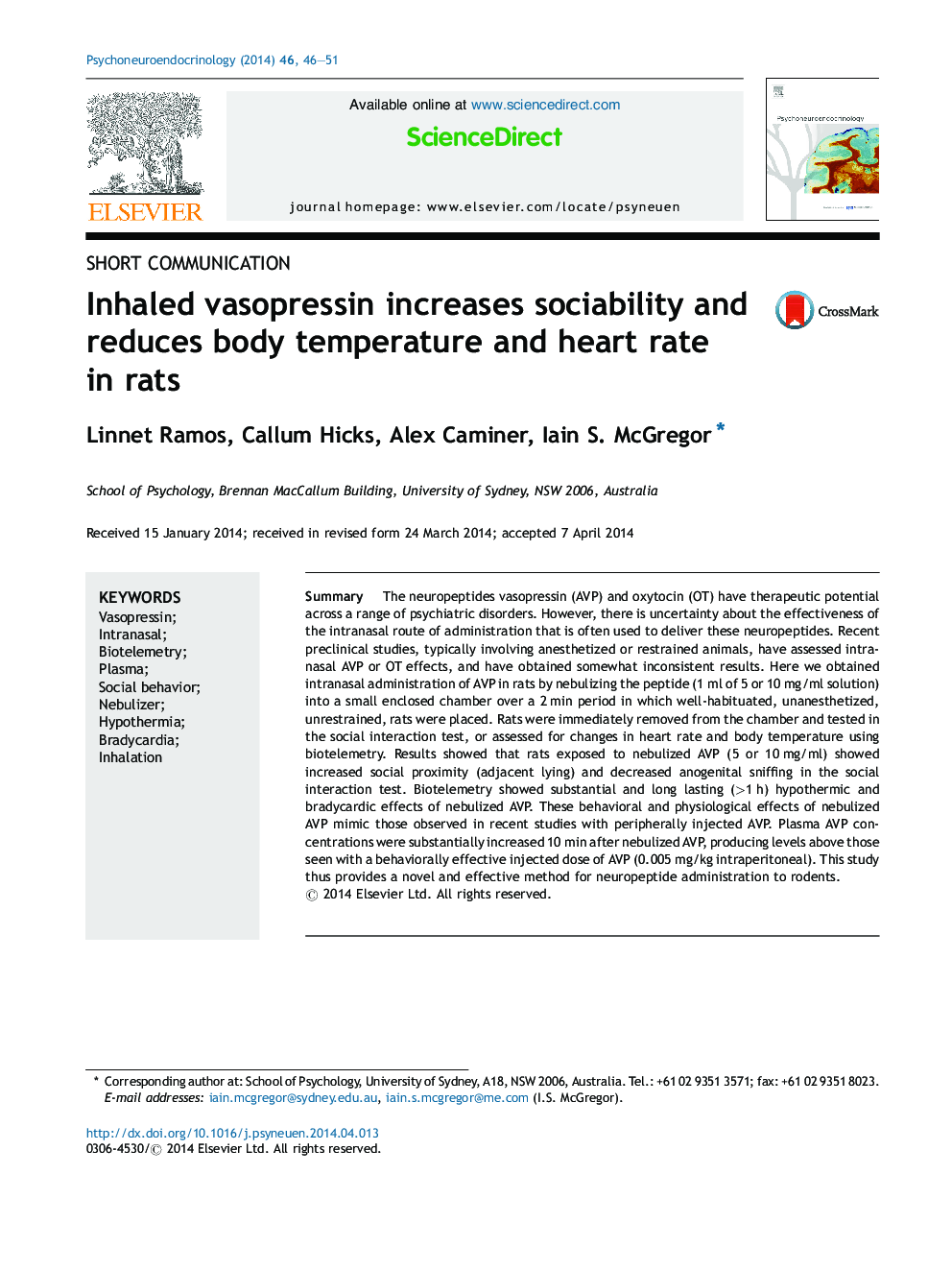 Inhaled vasopressin increases sociability and reduces body temperature and heart rate in rats