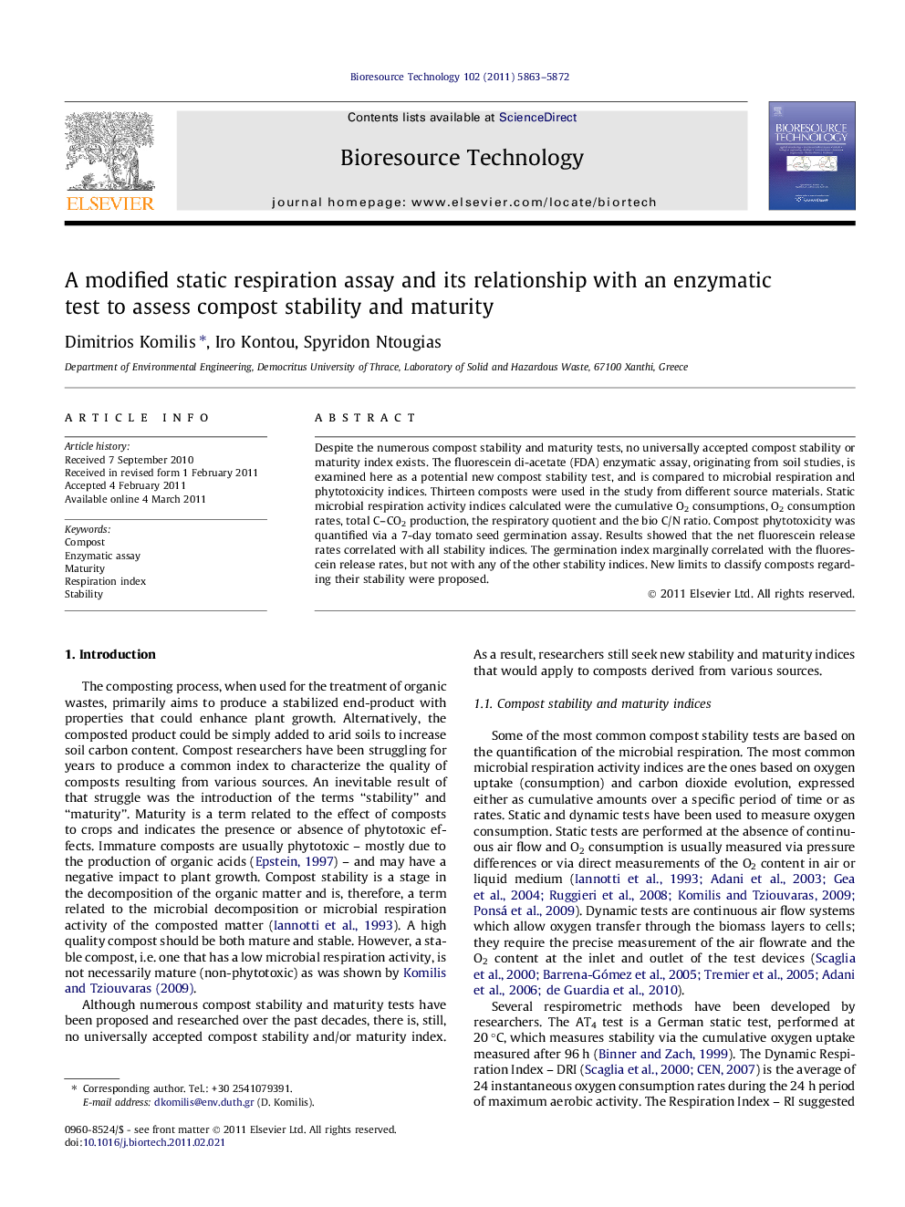 A modified static respiration assay and its relationship with an enzymatic test to assess compost stability and maturity