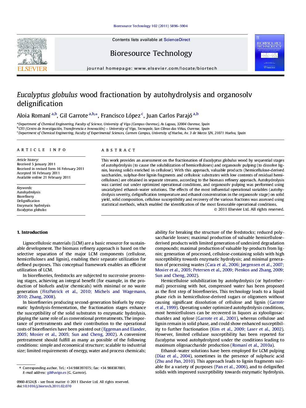 Eucalyptus globulus wood fractionation by autohydrolysis and organosolv delignification