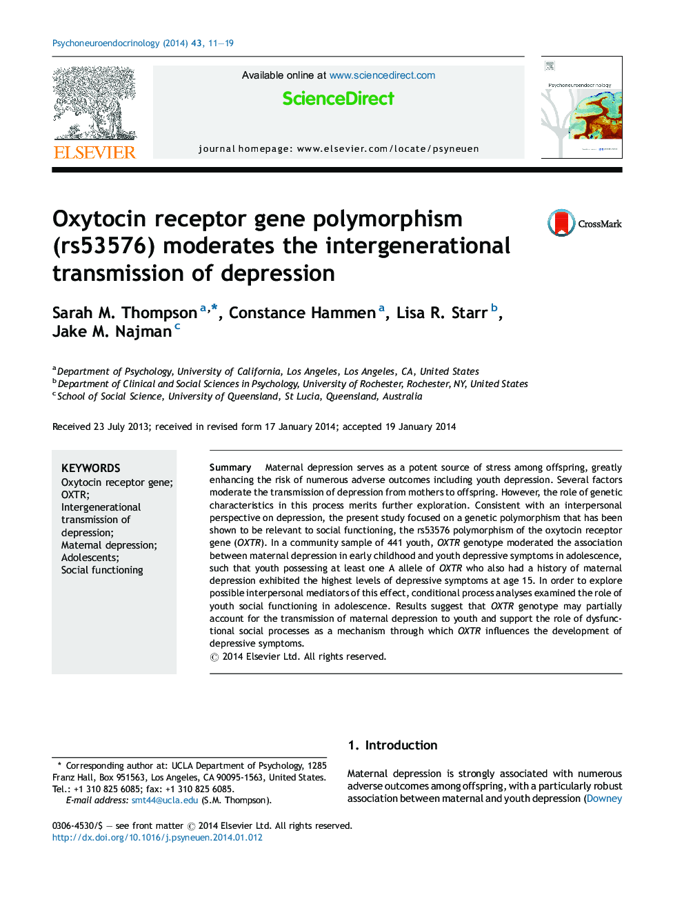 Oxytocin receptor gene polymorphism (rs53576) moderates the intergenerational transmission of depression