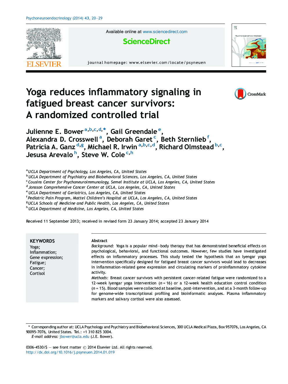 Yoga reduces inflammatory signaling in fatigued breast cancer survivors: A randomized controlled trial