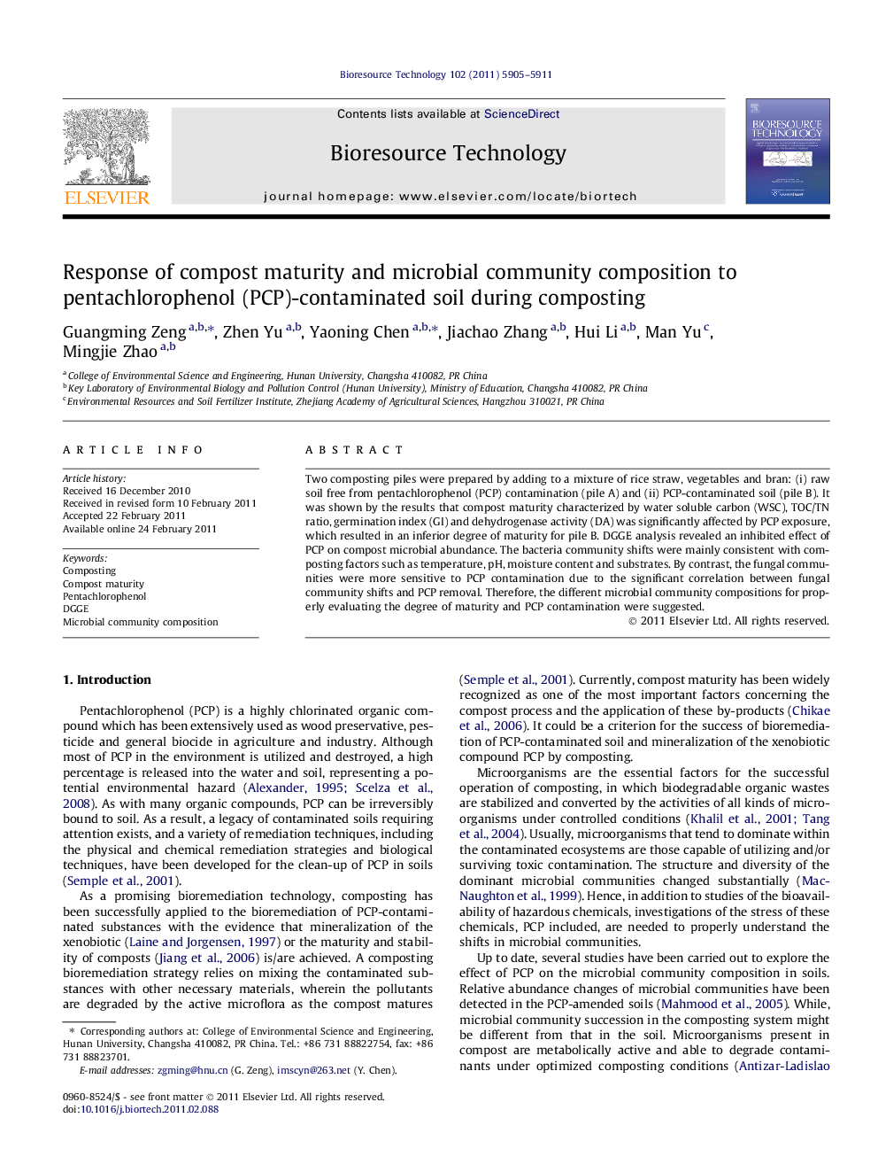 Response of compost maturity and microbial community composition to pentachlorophenol (PCP)-contaminated soil during composting