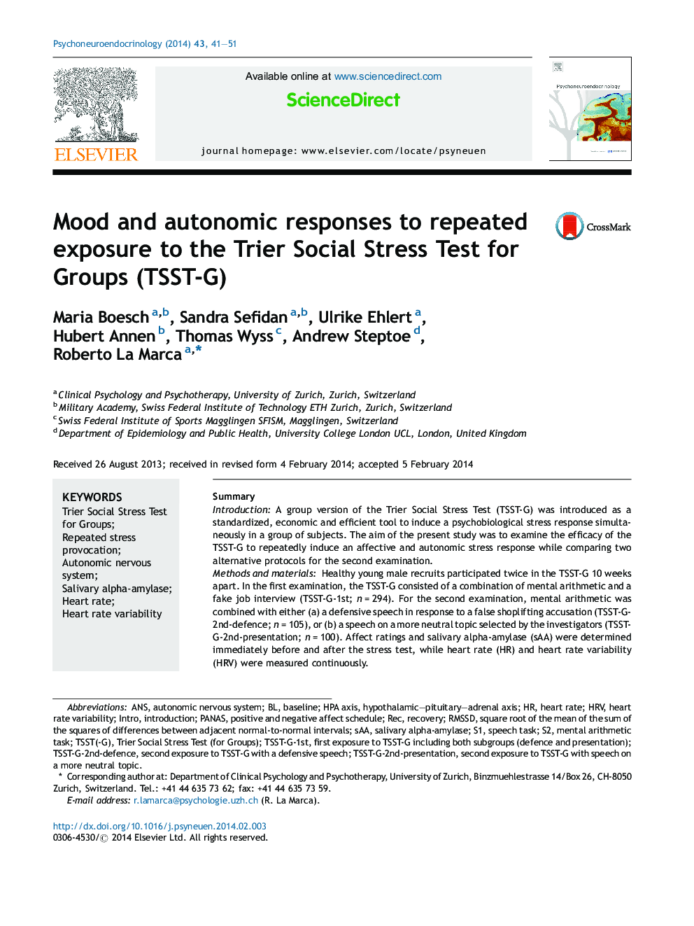Mood and autonomic responses to repeated exposure to the Trier Social Stress Test for Groups (TSST-G)