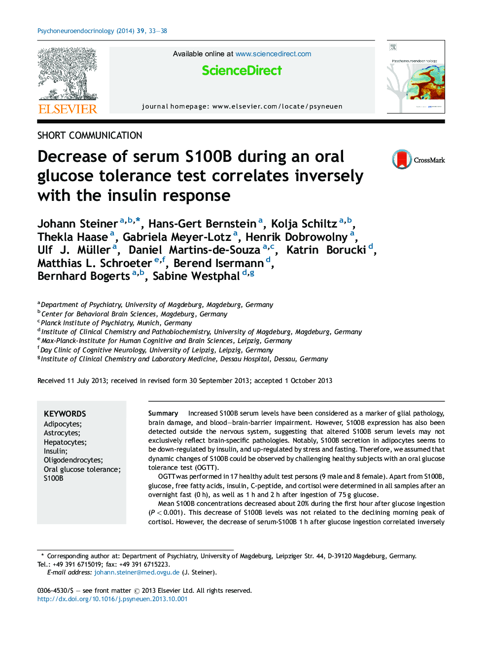 Decrease of serum S100B during an oral glucose tolerance test correlates inversely with the insulin response