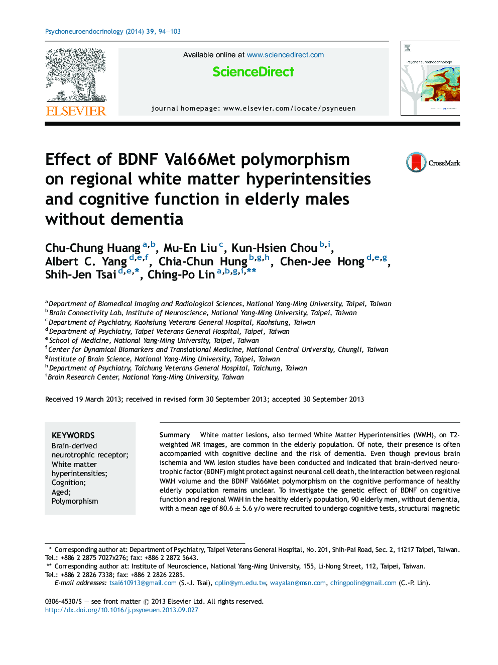 Effect of BDNF Val66Met polymorphism on regional white matter hyperintensities and cognitive function in elderly males without dementia