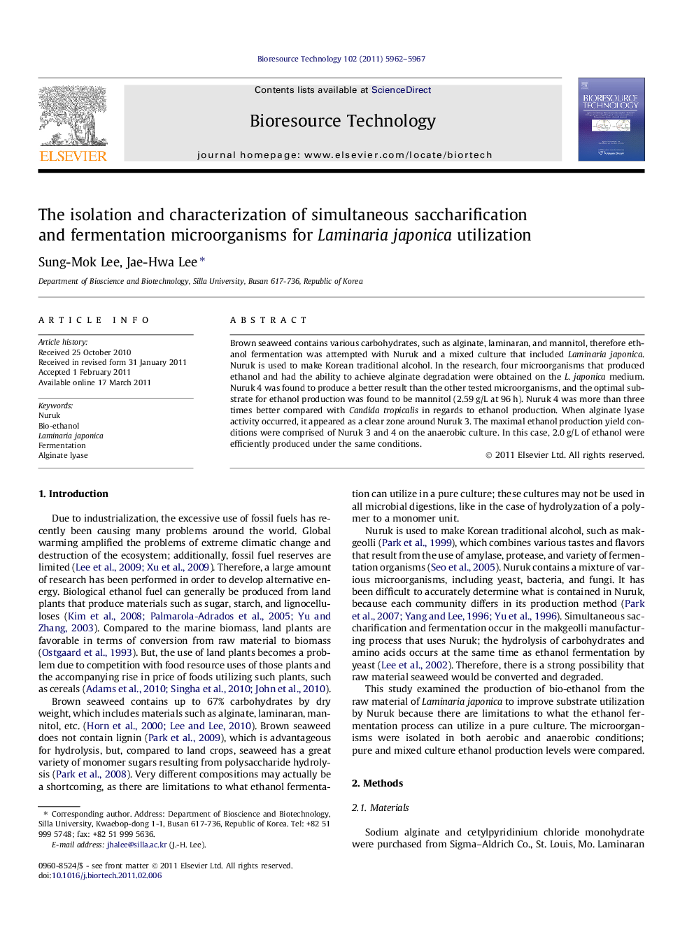 The isolation and characterization of simultaneous saccharification and fermentation microorganisms for Laminaria japonica utilization