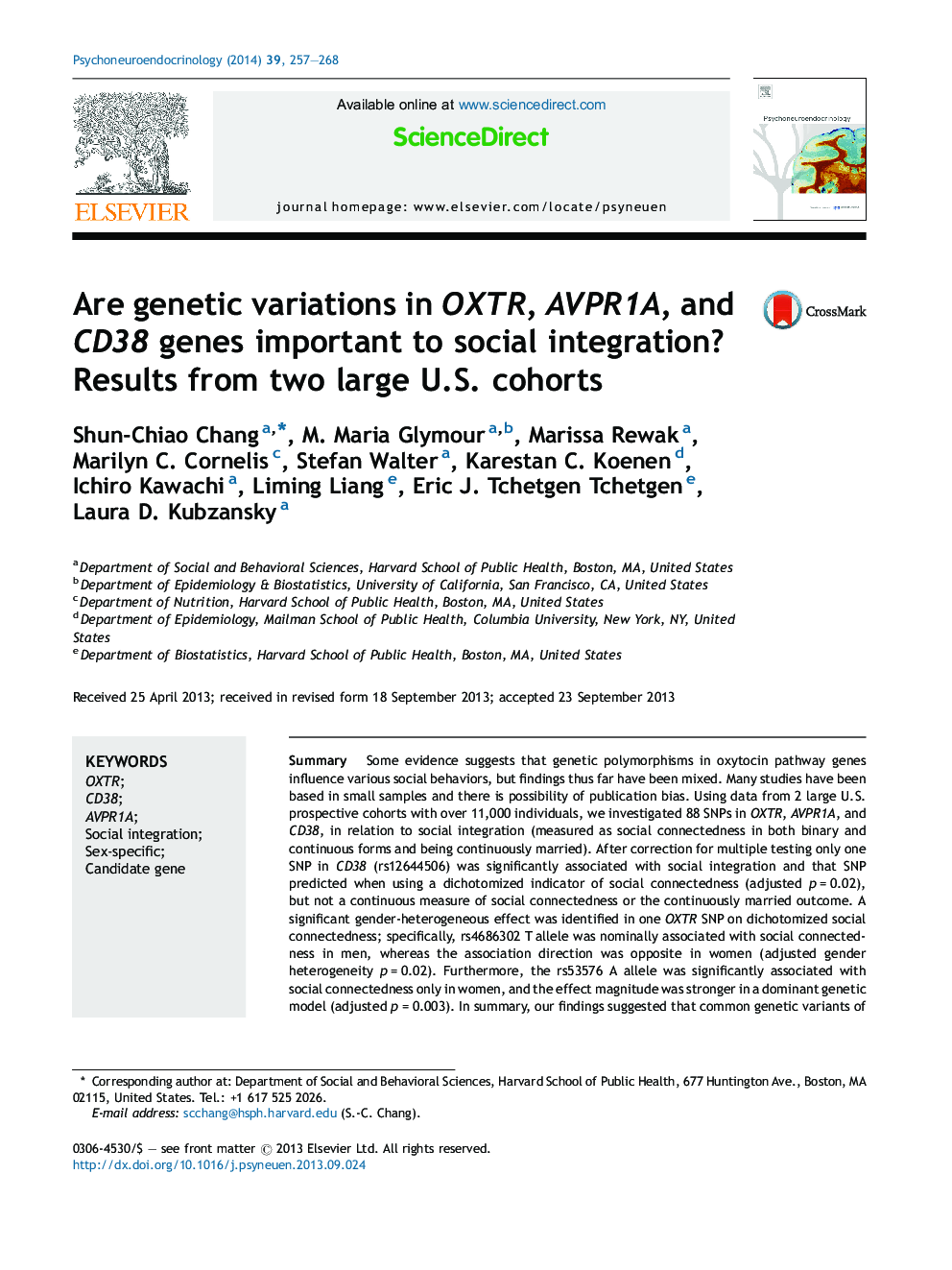 Are genetic variations in OXTR, AVPR1A, and CD38 genes important to social integration? Results from two large U.S. cohorts