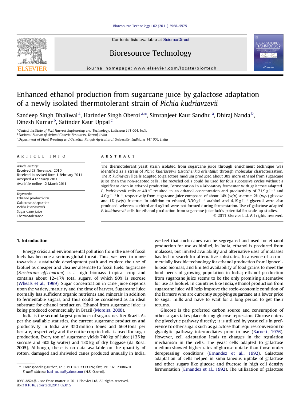 عکس صفحه اول مقاله: Enhanced ethanol production from sugarcane juice by galactose adaptation of a newly isolated thermotolerant strain of Pichiakudriavzevii Enhanced ethanol production from sugarcane juice by galactose adaptation of a newly isolated thermotolerant strain of Pichiakudriavzevii