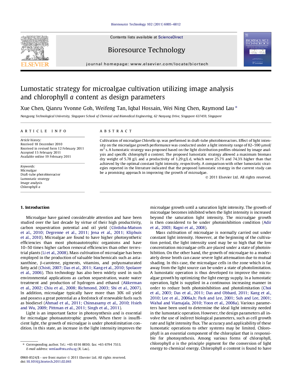 Lumostatic strategy for microalgae cultivation utilizing image analysis and chlorophyll a content as design parameters