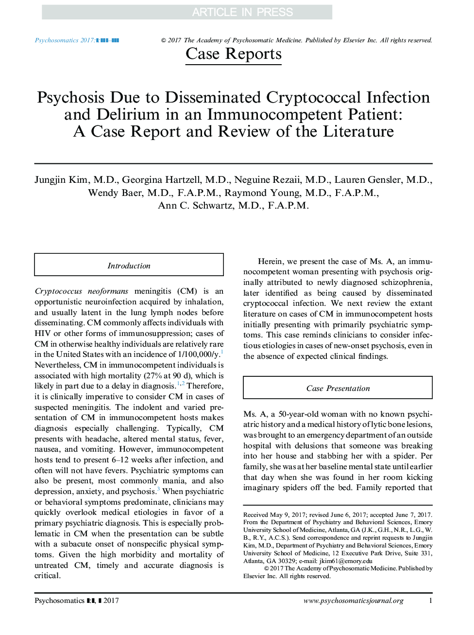 Psychosis Due to Disseminated Cryptococcal Infection and Delirium in an Immunocompetent Patient: A Case Report and Review of the Literature