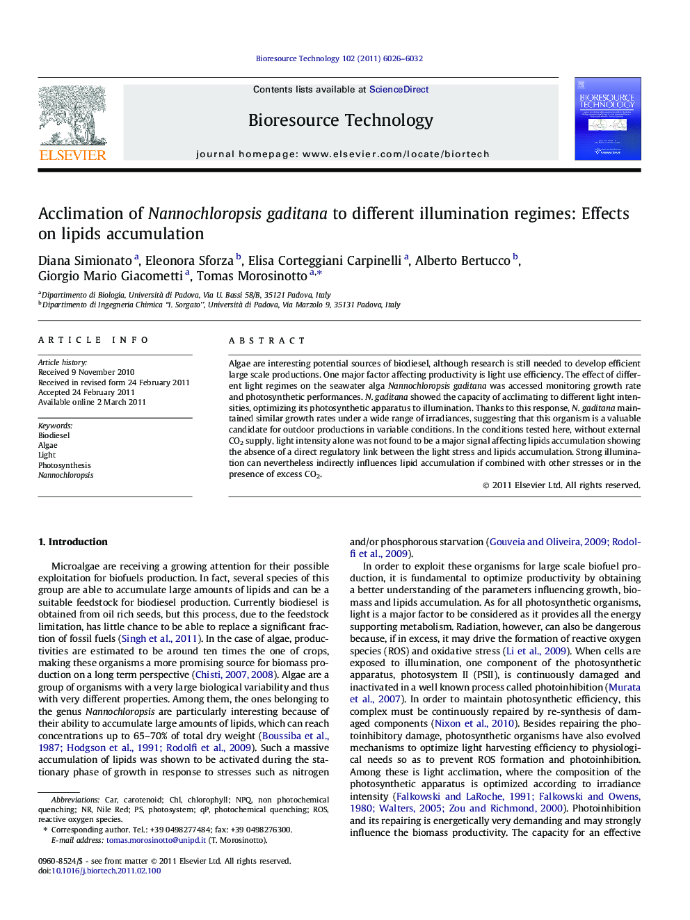 Acclimation of Nannochloropsis gaditana to different illumination regimes: Effects on lipids accumulation