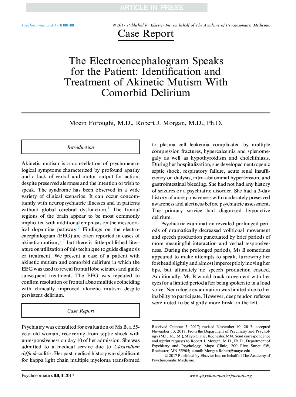 The Electroencephalogram Speaks for the Patient: Identification and Treatment of Akinetic Mutism With Comorbid Delirium