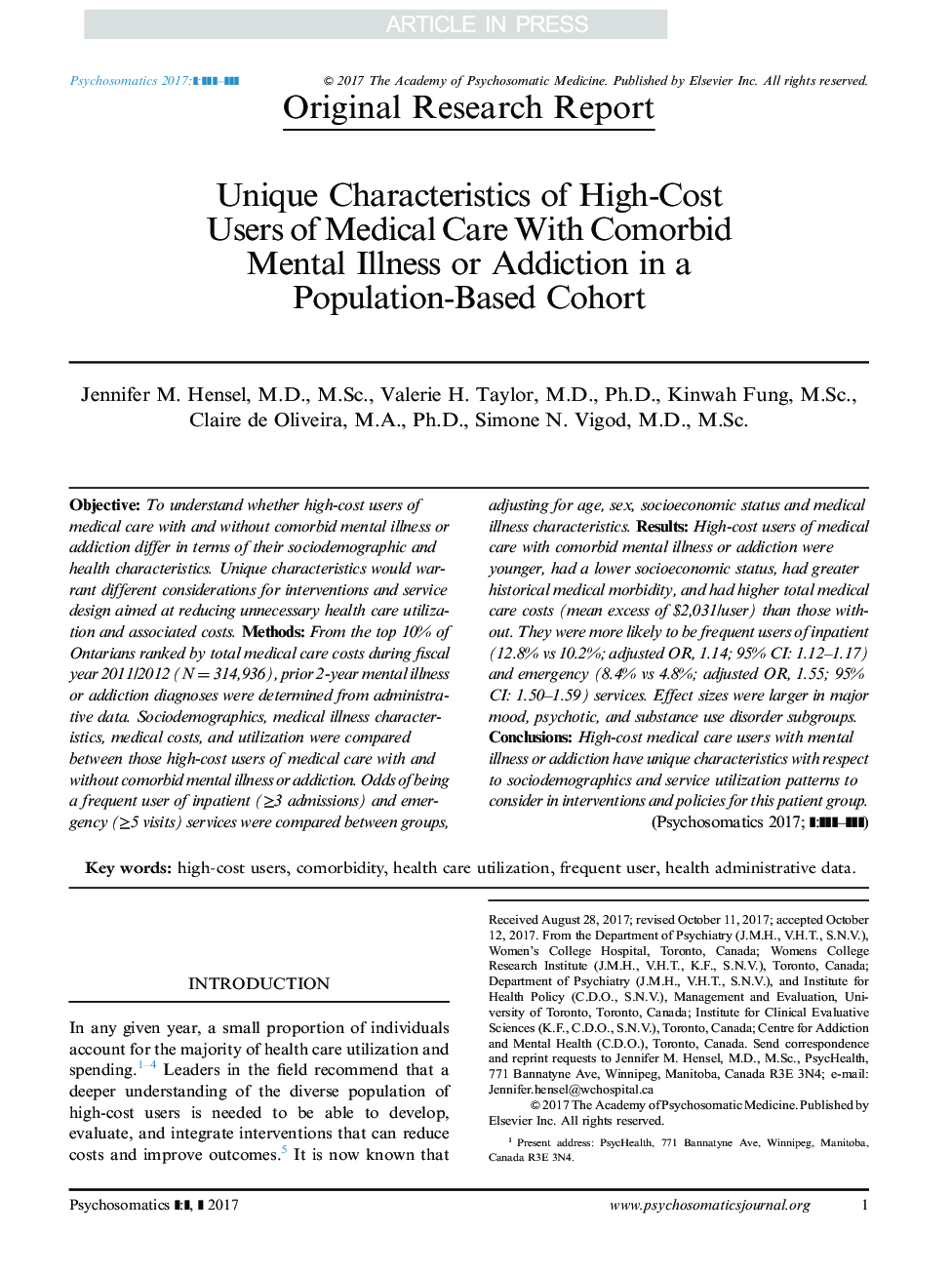 Unique Characteristics of High-Cost Users of Medical Care With Comorbid Mental Illness or Addiction in a Population-Based Cohort