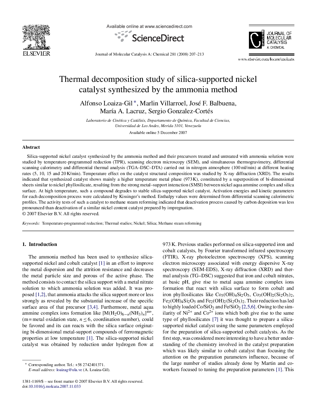 Thermal decomposition study of silica-supported nickel catalyst synthesized by the ammonia method