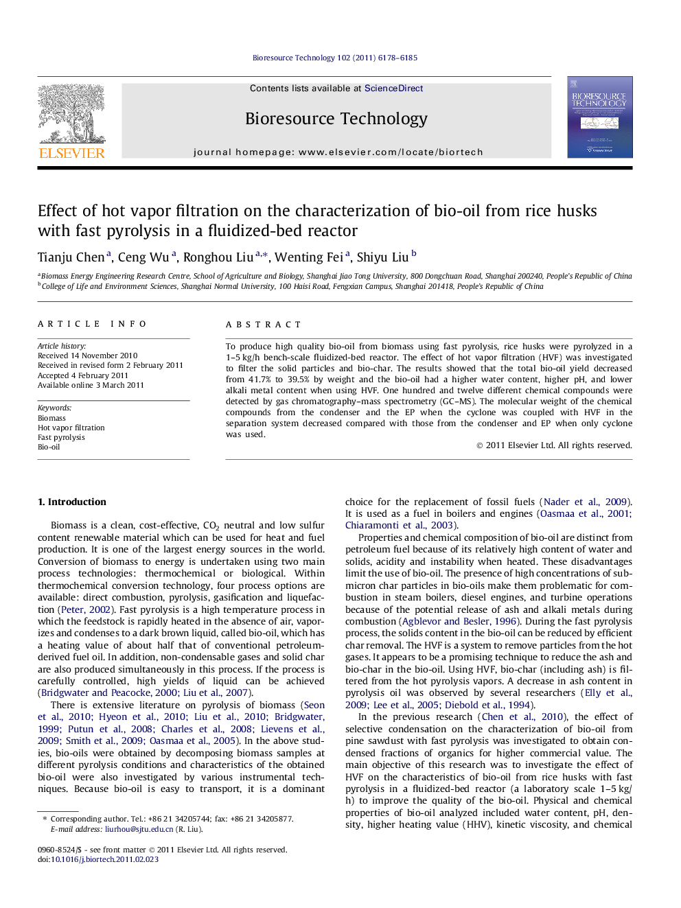 عکس صفحه اول مقاله: Effect of hot vapor filtration on the characterization of bio-oil from rice husks with fast pyrolysis in a fluidized-bed reactor Effect of hot vapor filtration on the characterization of bio-oil from rice husks with fast pyrolysis in a fluidized-bed reactor