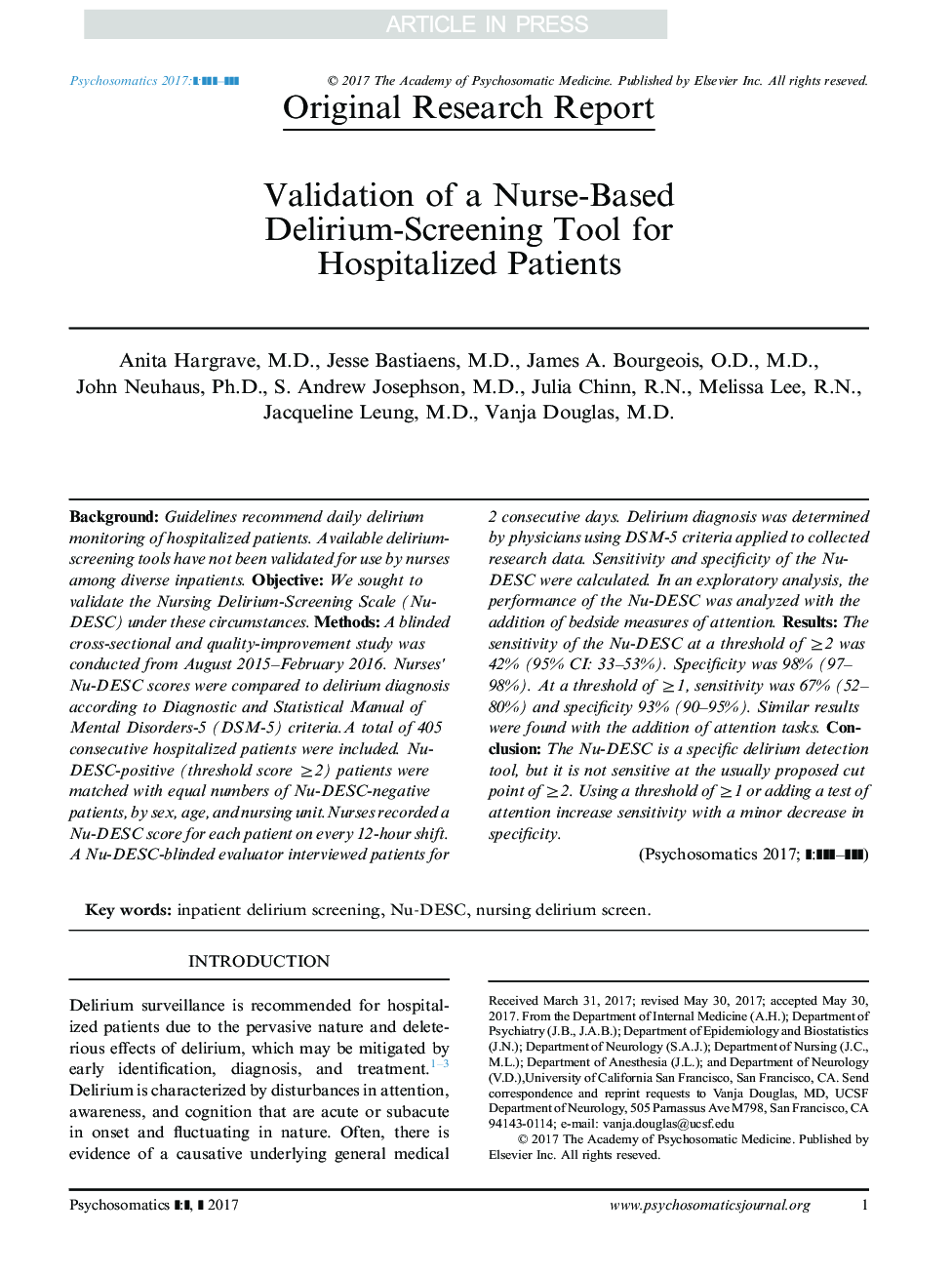 Validation of a Nurse-Based Delirium-Screening Tool for Hospitalized Patients
