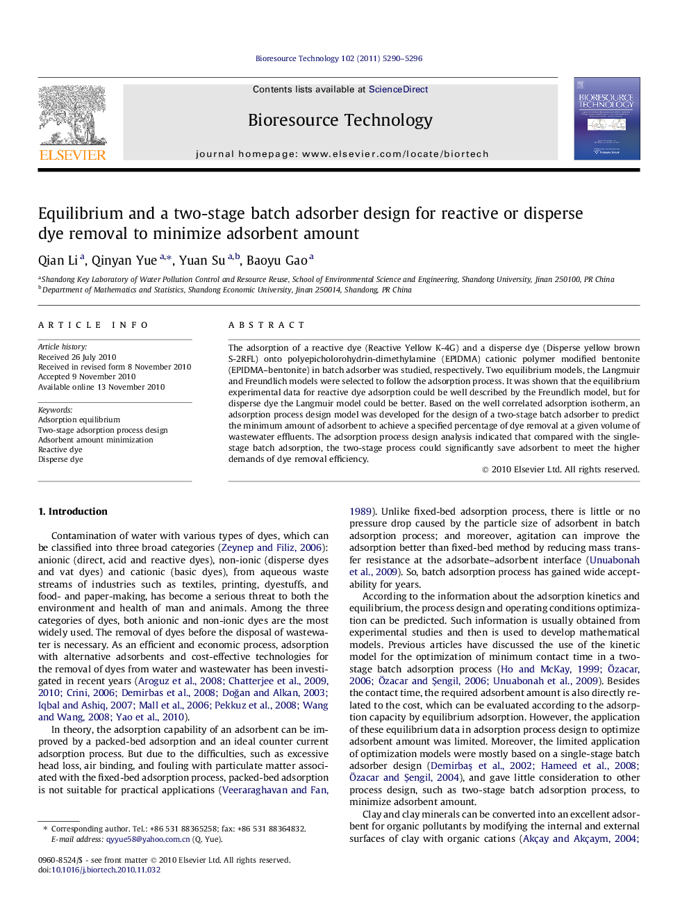 Equilibrium and a two-stage batch adsorber design for reactive or disperse dye removal to minimize adsorbent amount