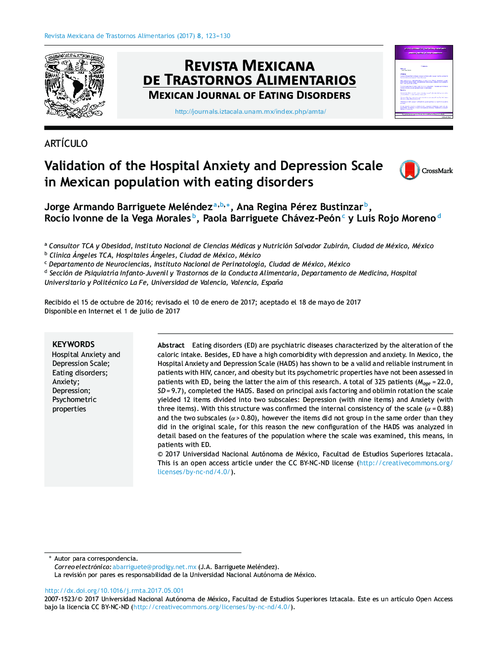 Validation of the Hospital Anxiety and Depression Scale in Mexican population with eating disorders