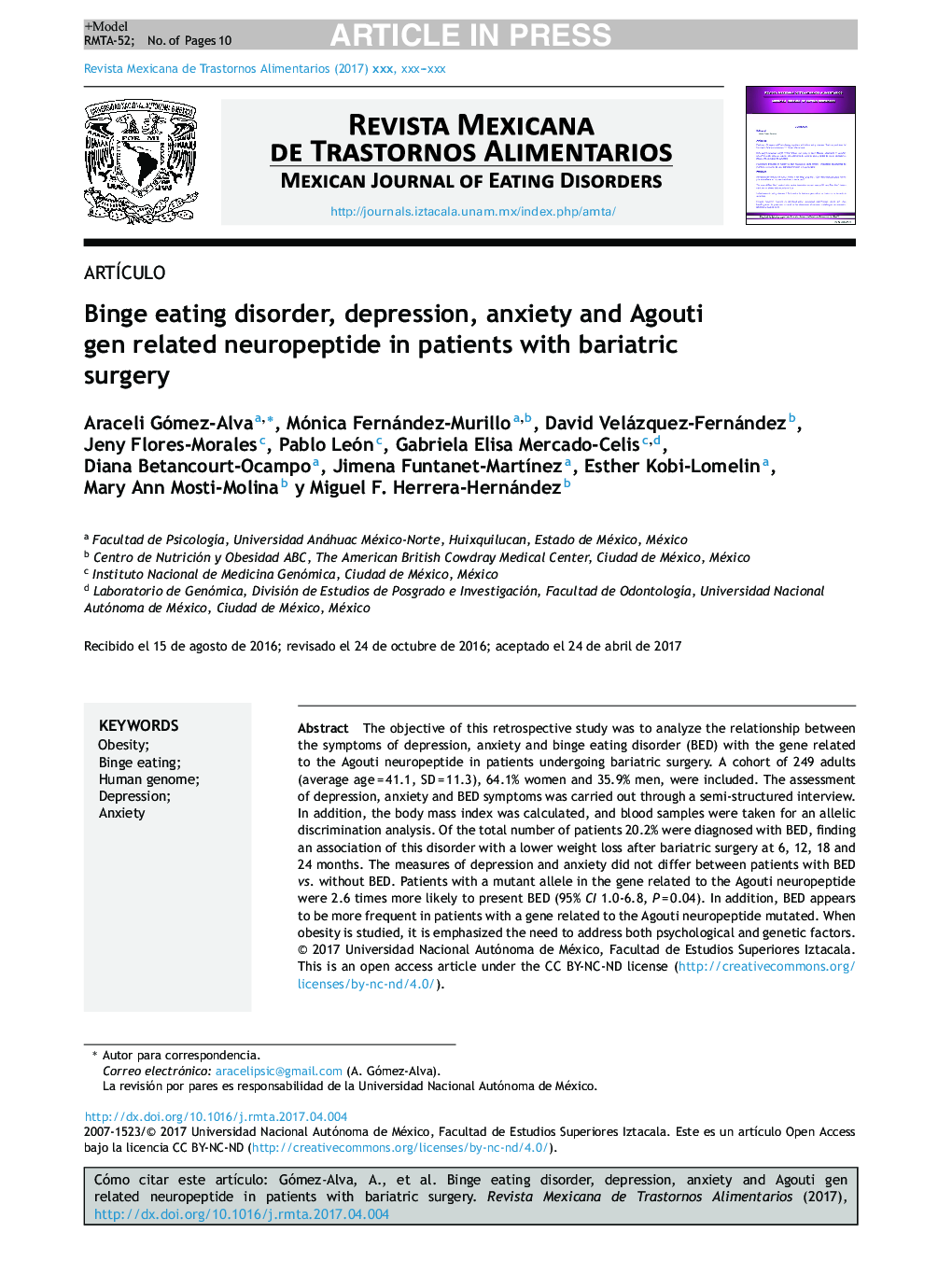 Binge eating disorder, depression, anxiety and Agouti gen related neuropeptide in patients with bariatric surgery