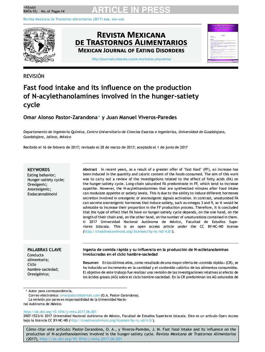 Fast food intake and its influence on the production of N-acylethanolamines involved in the hunger-satiety cycle