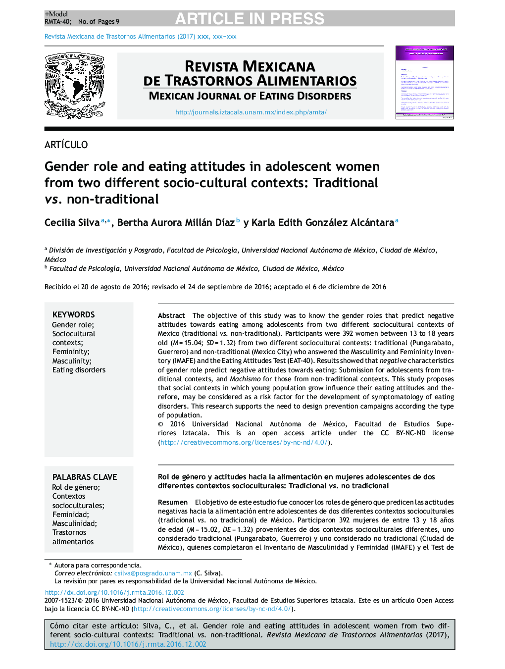 Gender role and eating attitudes in adolescents from two different socio-cultural contexts: Traditional vs. non-traditional