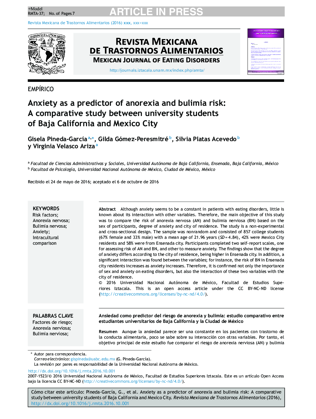 Anxiety as a predictor of anorexia and bulimia risk: Comparison between universitaries of Baja California and Mexico City