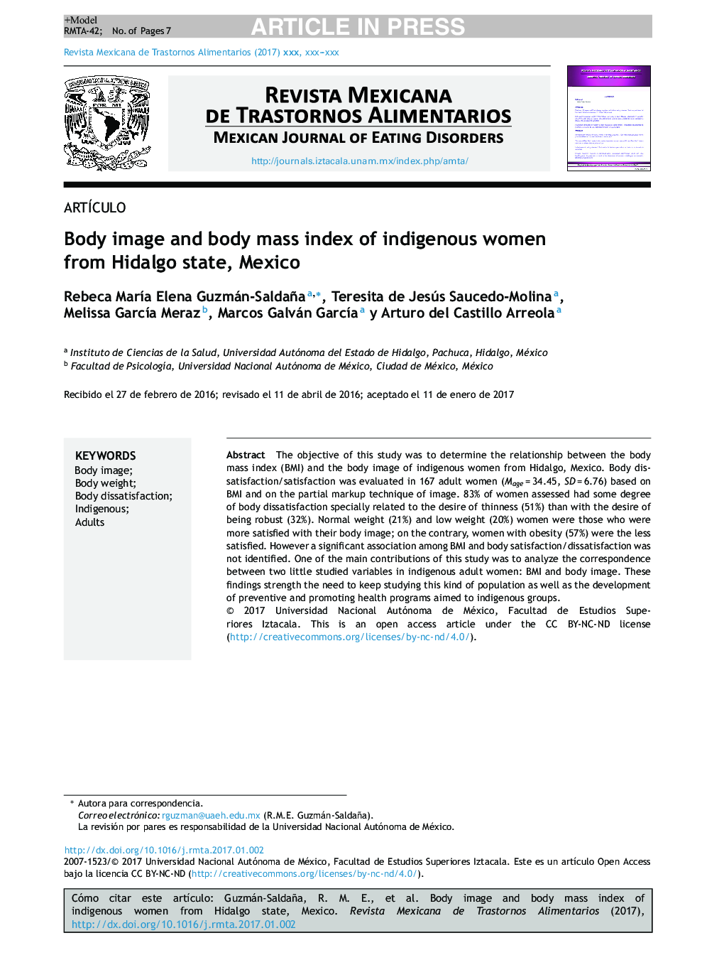 Body image and body mass index of indigenous women from Hidalgo state, Mexico