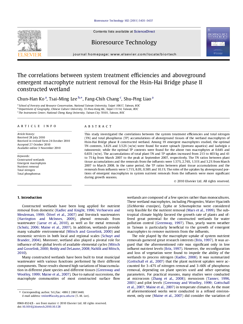 The correlations between system treatment efficiencies and aboveground emergent macrophyte nutrient removal for the Hsin-Hai Bridge phase II constructed wetland