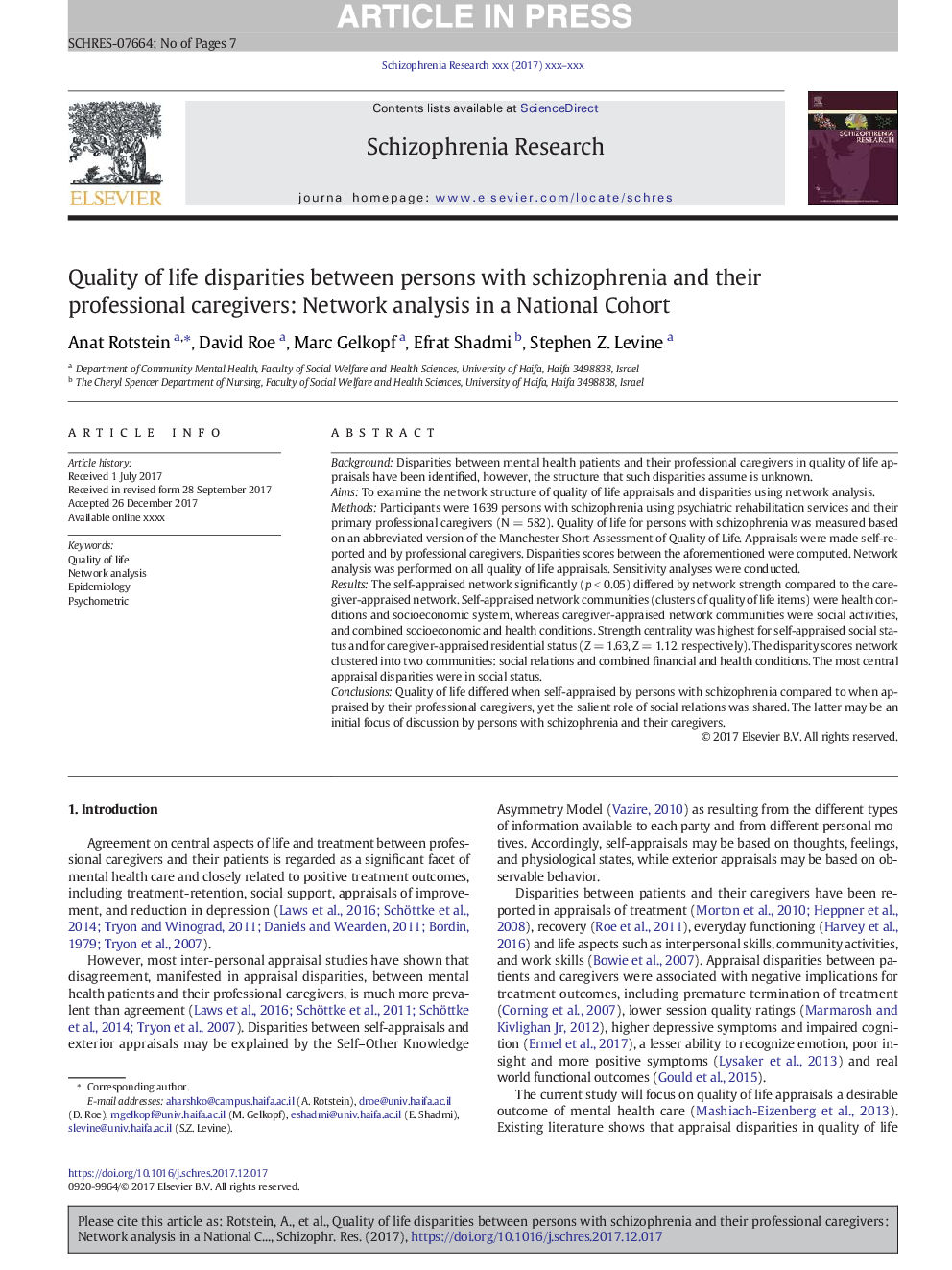 Quality of life disparities between persons with schizophrenia and their professional caregivers: Network analysis in a National Cohort