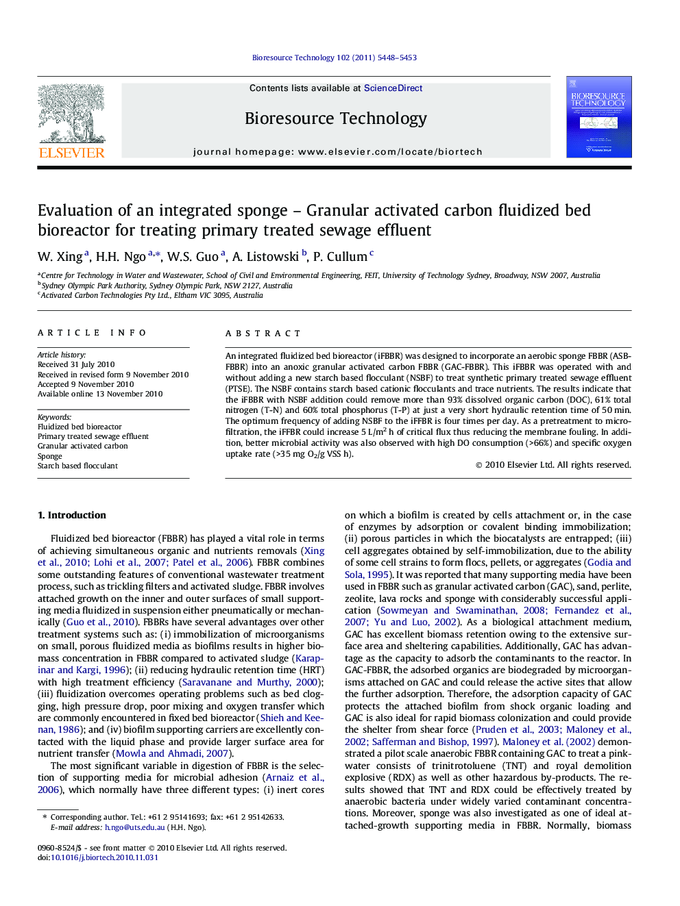 Evaluation of an integrated sponge – Granular activated carbon fluidized bed bioreactor for treating primary treated sewage effluent