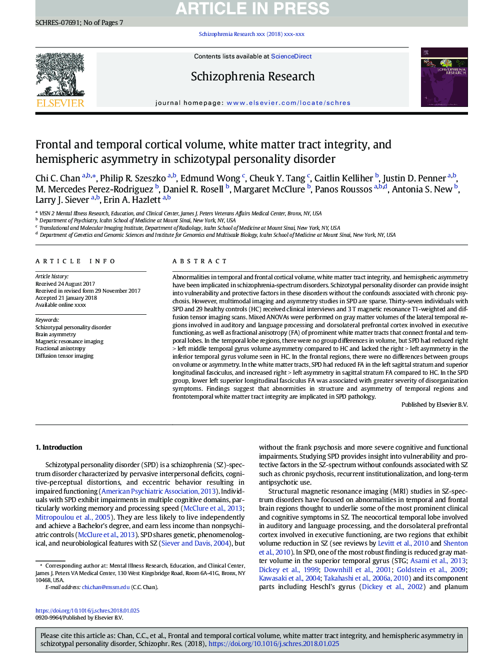 Frontal and temporal cortical volume, white matter tract integrity, and hemispheric asymmetry in schizotypal personality disorder