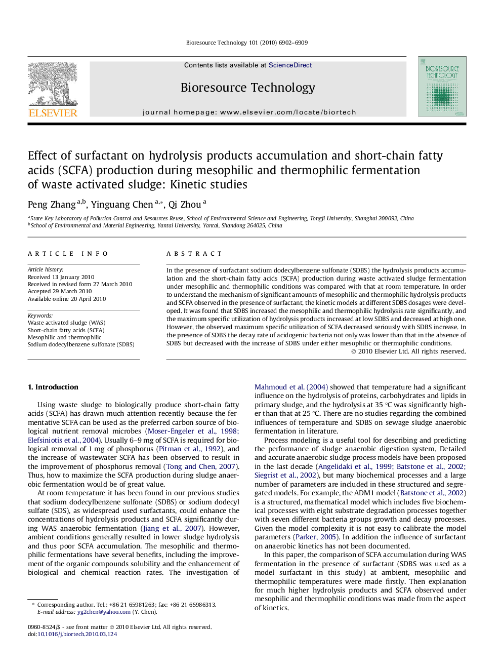 Effect of surfactant on hydrolysis products accumulation and short-chain fatty acids (SCFA) production during mesophilic and thermophilic fermentation of waste activated sludge: Kinetic studies