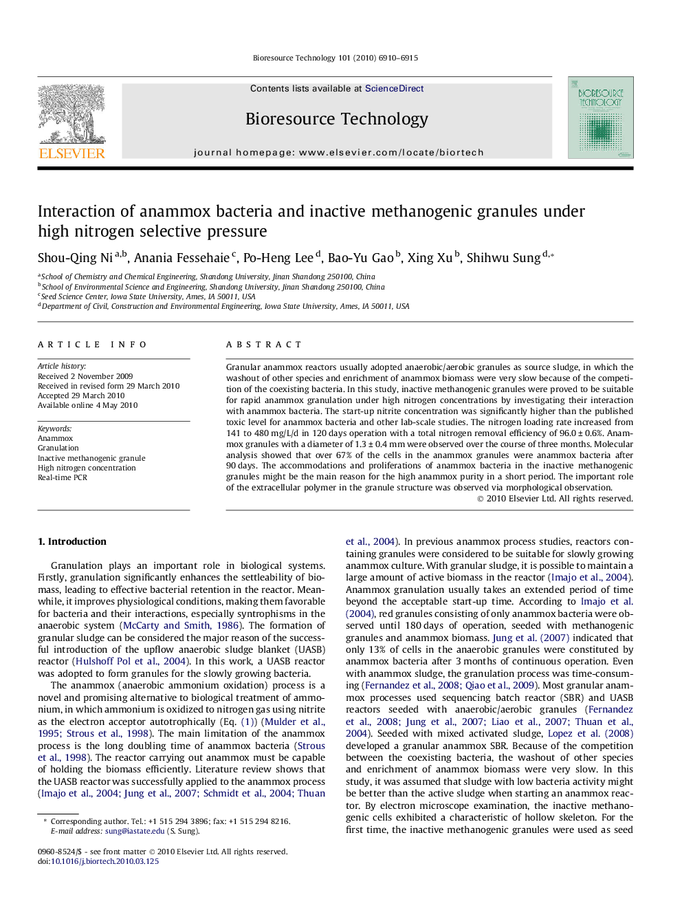 Interaction of anammox bacteria and inactive methanogenic granules under high nitrogen selective pressure